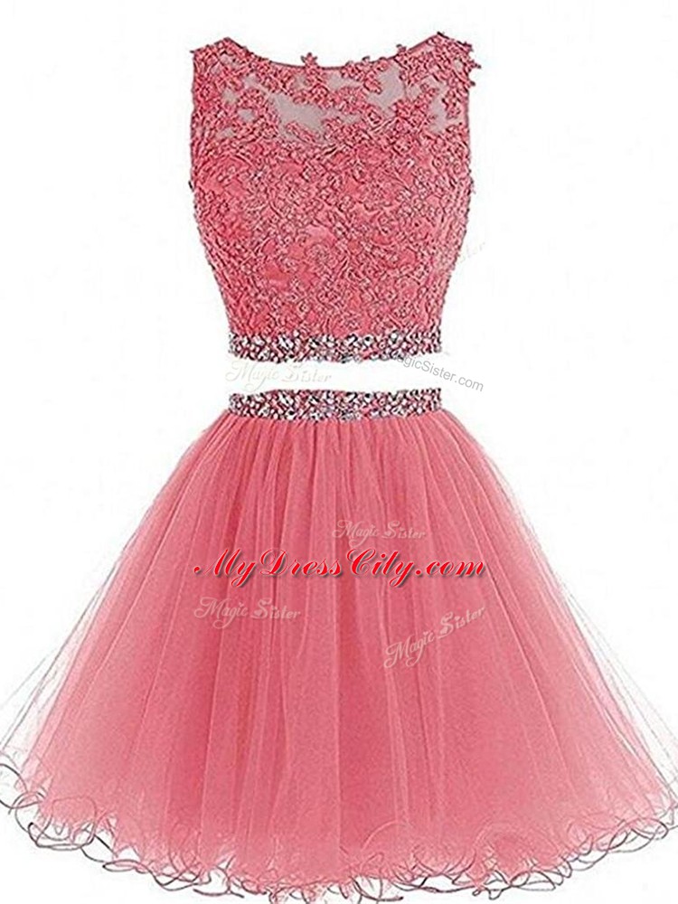 Pink Two Pieces Scoop Sleeveless Tulle Mini Length Zipper Beading and Lace and Appliques Going Out Dresses