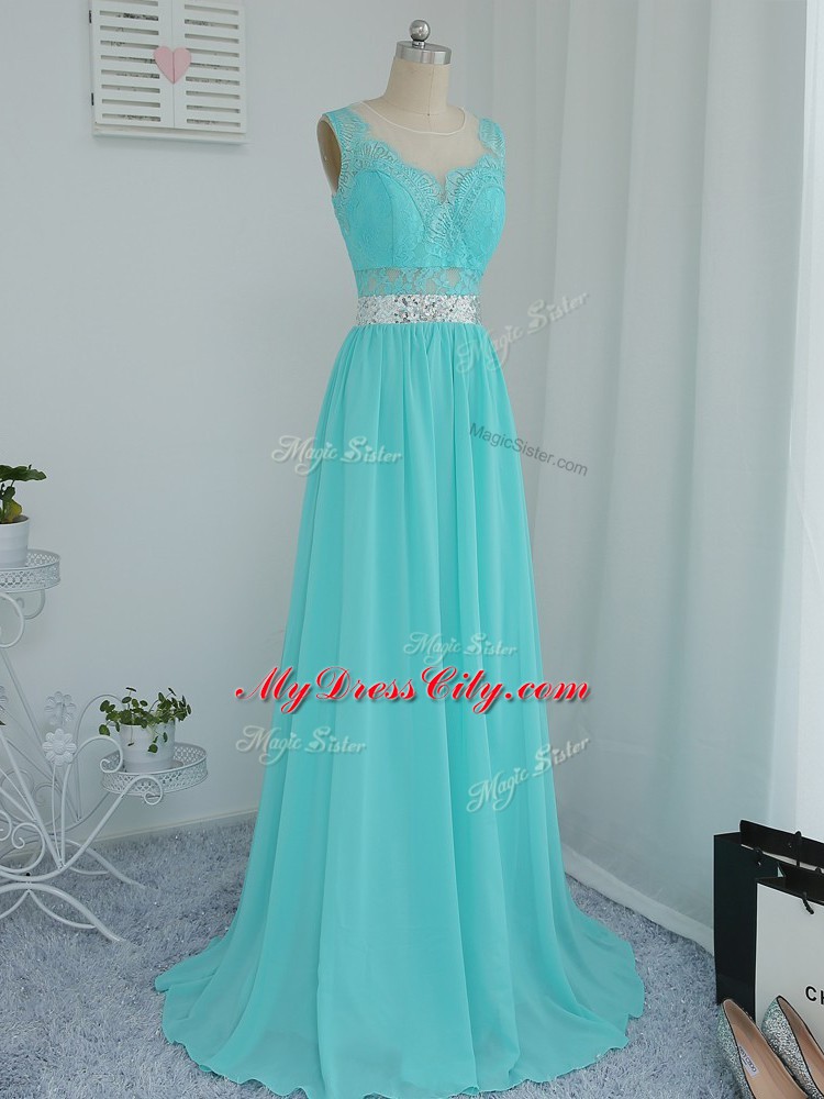 Hot Selling Aqua Blue Bridesmaids Dress Chiffon Sweep Train Sleeveless Beading and Lace