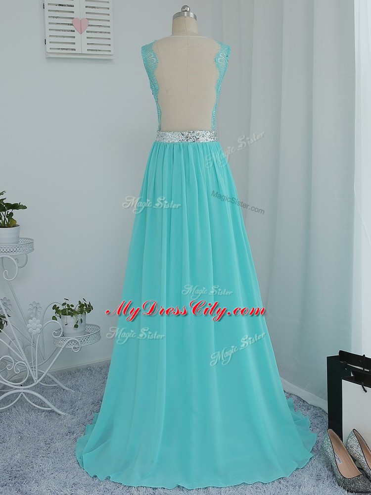 Hot Selling Aqua Blue Bridesmaids Dress Chiffon Sweep Train Sleeveless Beading and Lace