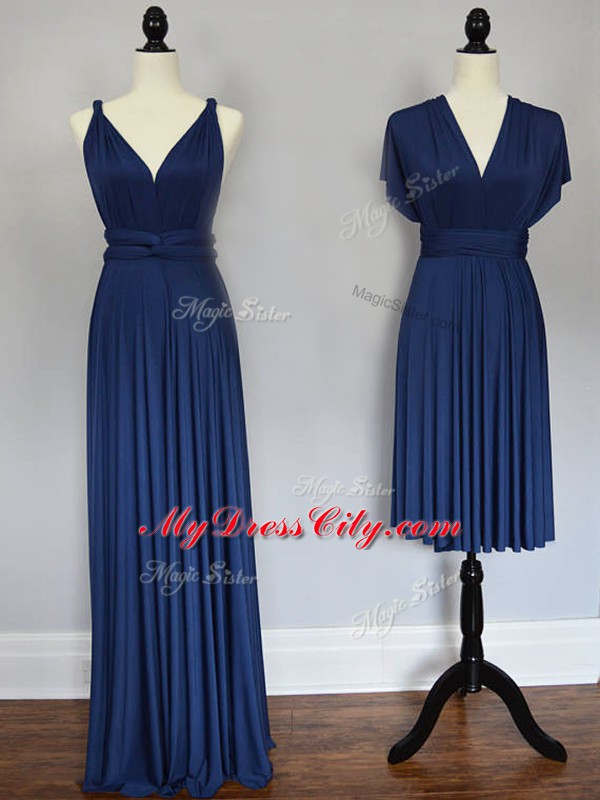 Chiffon Straps Sleeveless Lace Up Ruching Bridesmaids Dress in Navy Blue