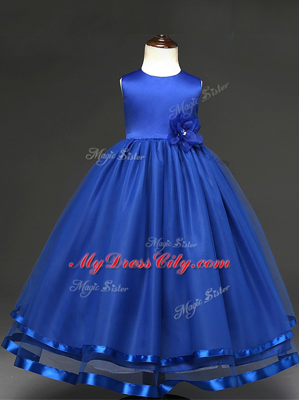 New Style Royal Blue Zipper Scoop Hand Made Flower Teens Party Dress Tulle Sleeveless