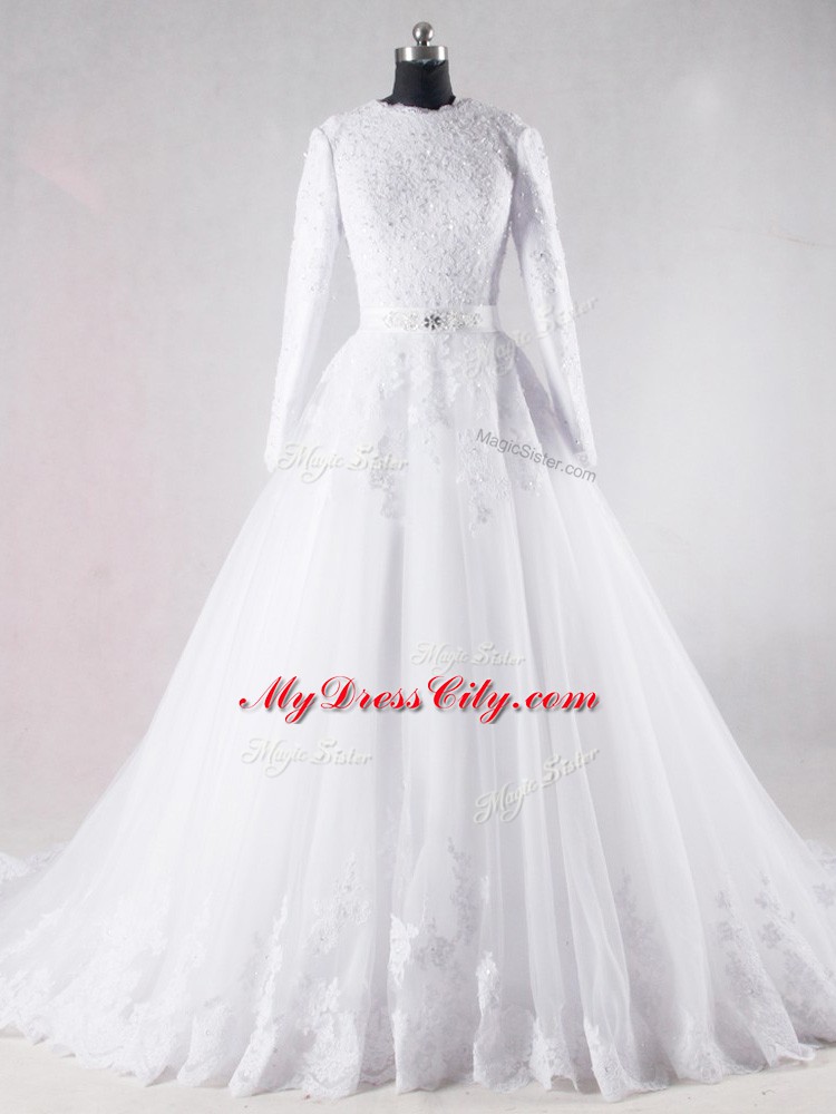 New Style White Tulle Lace Up Scalloped Long Sleeves Bridal Gown Brush Train Lace and Belt