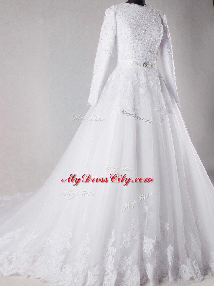 New Style White Tulle Lace Up Scalloped Long Sleeves Bridal Gown Brush Train Lace and Belt