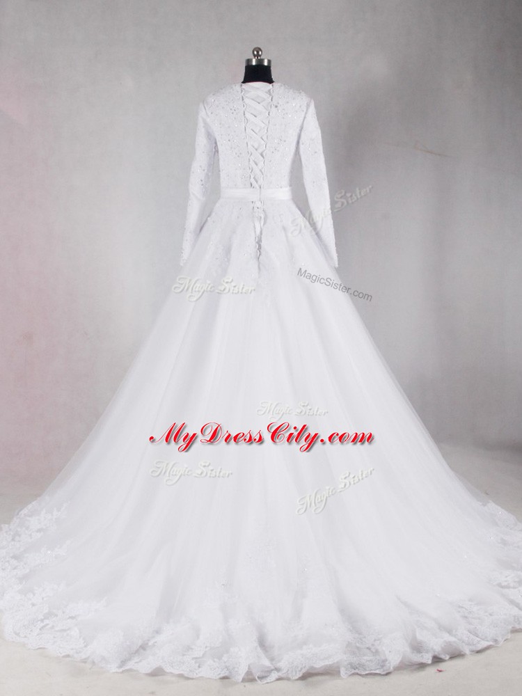 New Style White Tulle Lace Up Scalloped Long Sleeves Bridal Gown Brush Train Lace and Belt