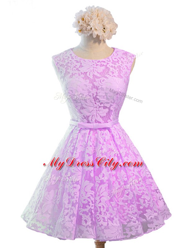 Custom Made Belt Dama Dress for Quinceanera Lilac Lace Up Sleeveless Knee Length