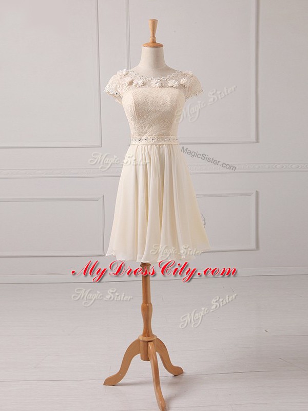 Champagne Chiffon Lace Up Scoop Cap Sleeves Mini Length Dama Dress for Quinceanera Lace and Appliques