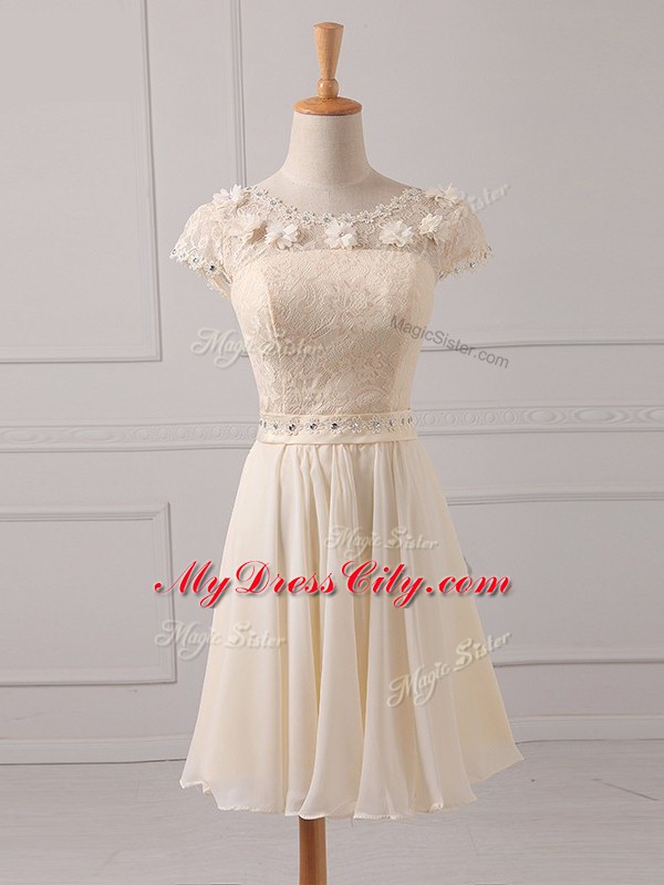 Champagne Chiffon Lace Up Scoop Cap Sleeves Mini Length Dama Dress for Quinceanera Lace and Appliques