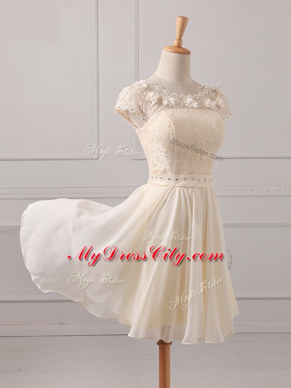 Champagne Chiffon Lace Up Scoop Cap Sleeves Mini Length Dama Dress for Quinceanera Lace and Appliques