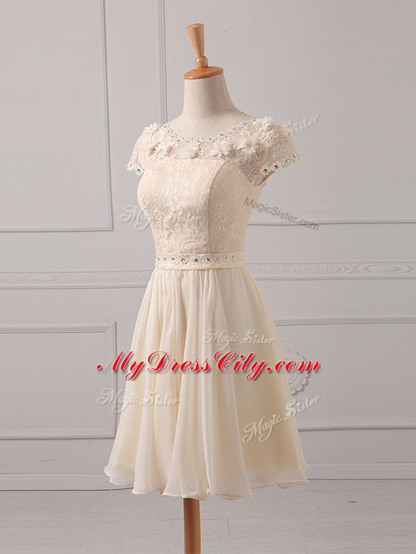 Champagne Chiffon Lace Up Scoop Cap Sleeves Mini Length Dama Dress for Quinceanera Lace and Appliques