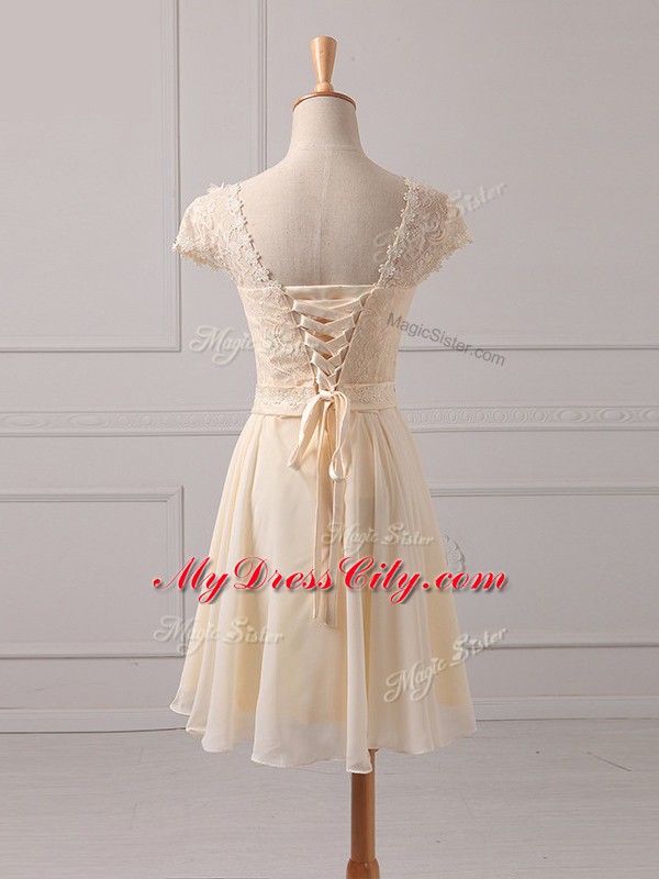 Champagne Chiffon Lace Up Scoop Cap Sleeves Mini Length Dama Dress for Quinceanera Lace and Appliques