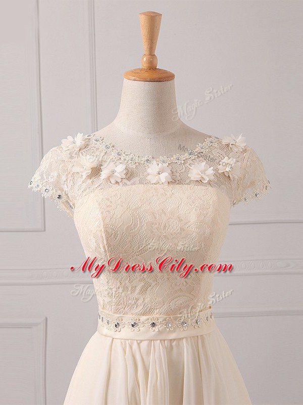 Champagne Chiffon Lace Up Scoop Cap Sleeves Mini Length Dama Dress for Quinceanera Lace and Appliques