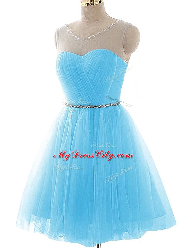 Scoop Sleeveless Tulle Prom Dress Beading and Ruching Lace Up