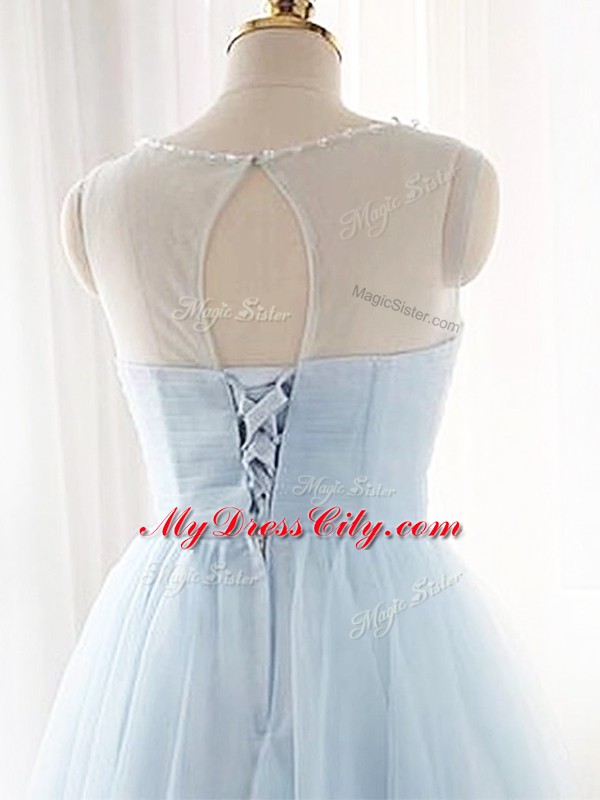 Scoop Sleeveless Tulle Prom Dress Beading and Ruching Lace Up