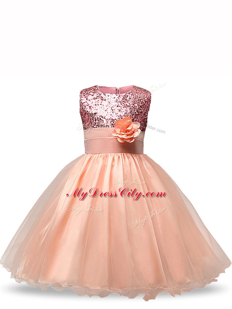 Sleeveless Knee Length Sequins and Hand Made Flower Zipper Flower Girl Dress with Peach