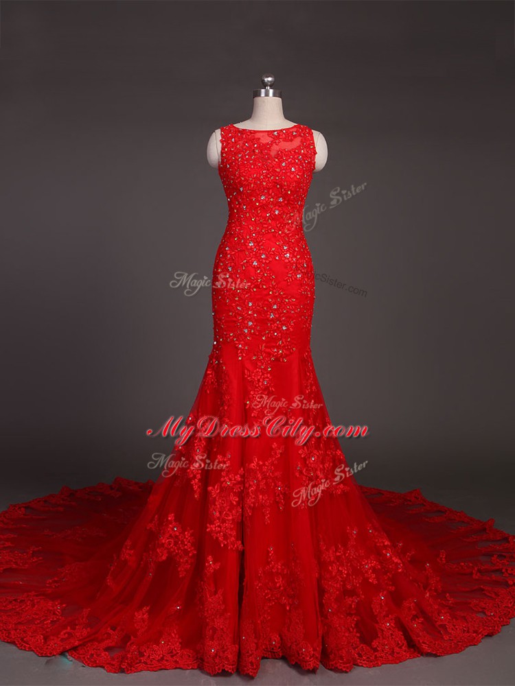 Red Mermaid Beading and Lace and Appliques Evening Gowns Backless Lace Sleeveless