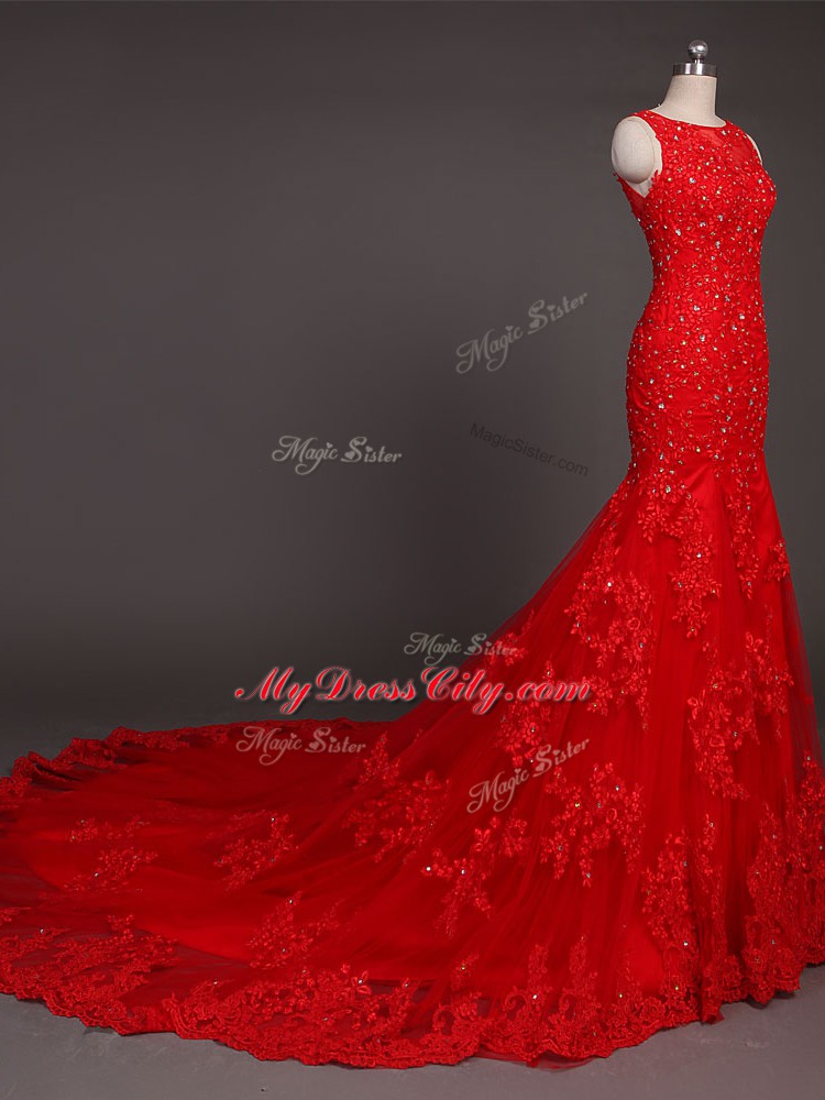 Red Mermaid Beading and Lace and Appliques Evening Gowns Backless Lace Sleeveless