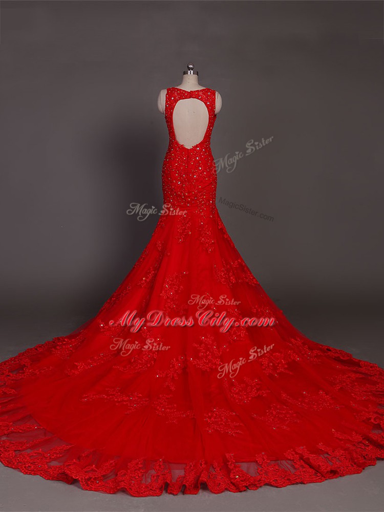 Red Mermaid Beading and Lace and Appliques Evening Gowns Backless Lace Sleeveless