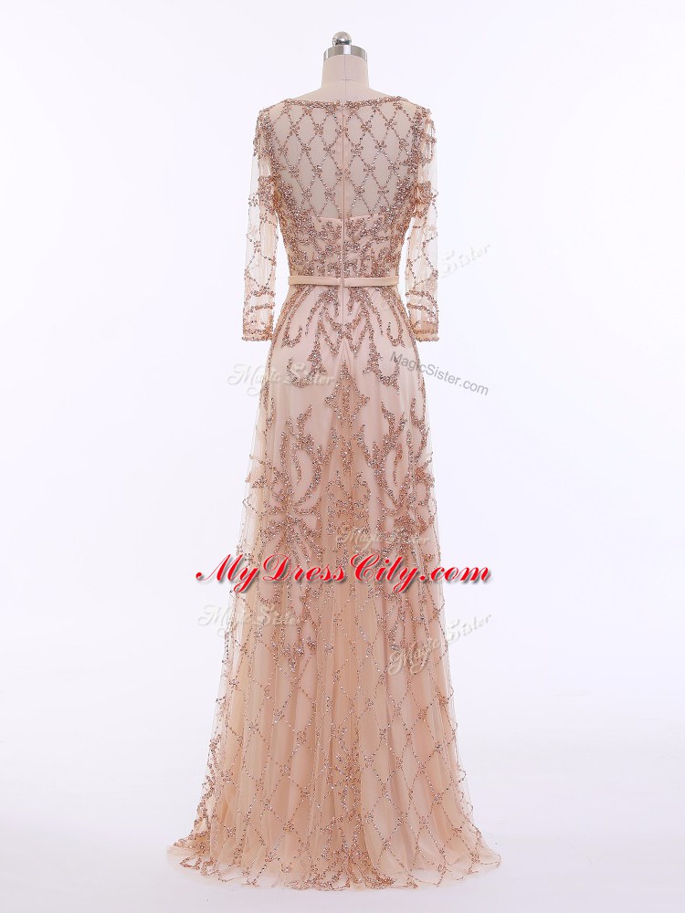 Fabulous Peach Scoop Neckline Beading Juniors Evening Dress Long Sleeves Zipper