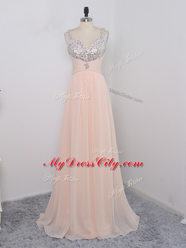 Empire Dress for Prom Peach Straps Chiffon Sleeveless Floor Length Zipper