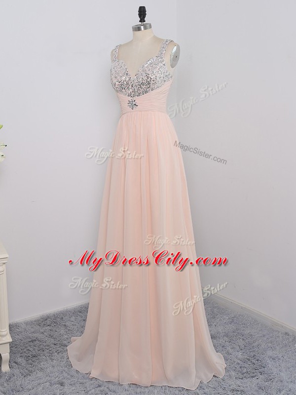 Empire Dress for Prom Peach Straps Chiffon Sleeveless Floor Length Zipper