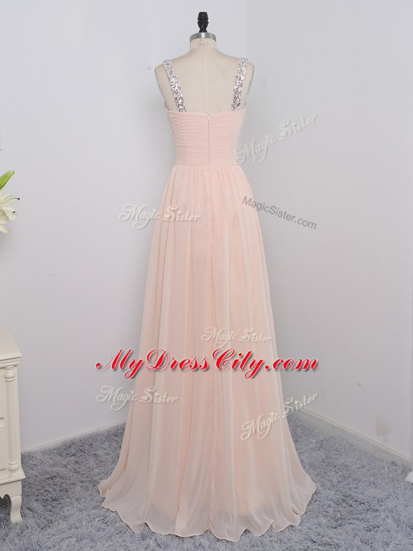 Empire Dress for Prom Peach Straps Chiffon Sleeveless Floor Length Zipper