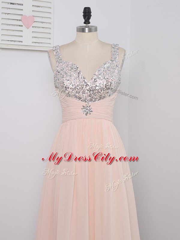 Empire Dress for Prom Peach Straps Chiffon Sleeveless Floor Length Zipper