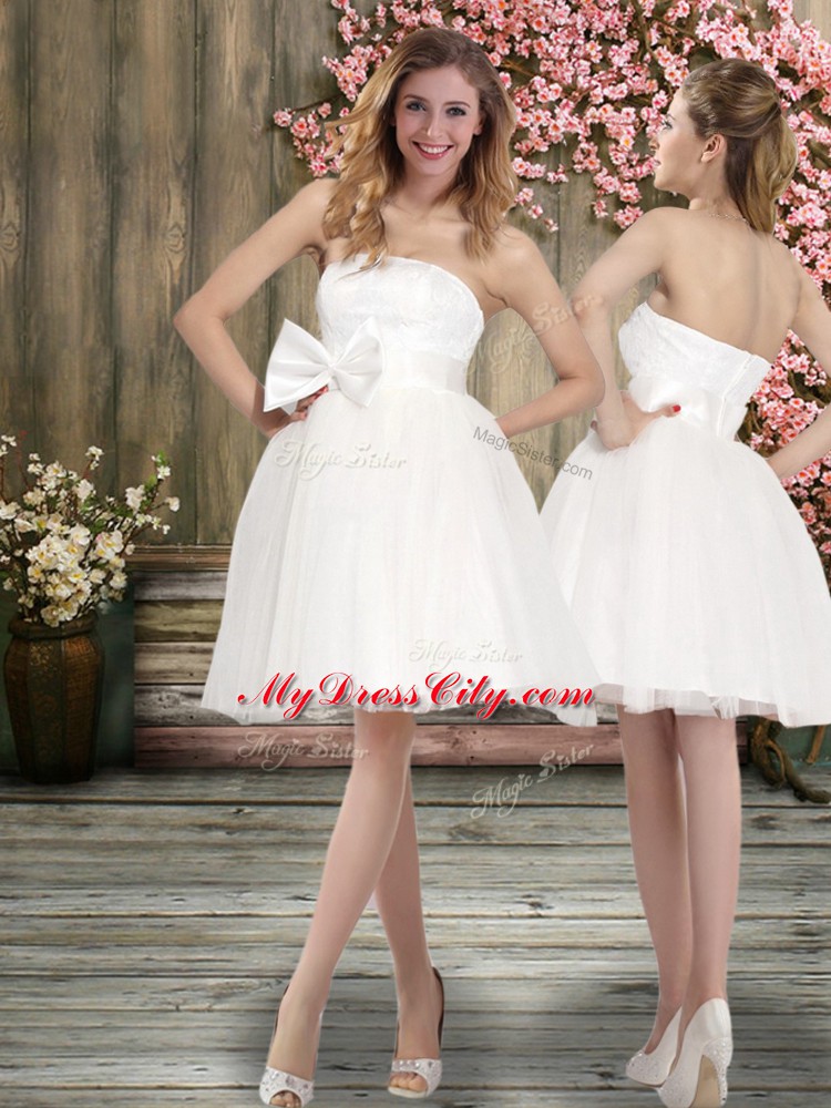 Glorious White Sleeveless Knee Length Sashes ribbons Backless Wedding Dress