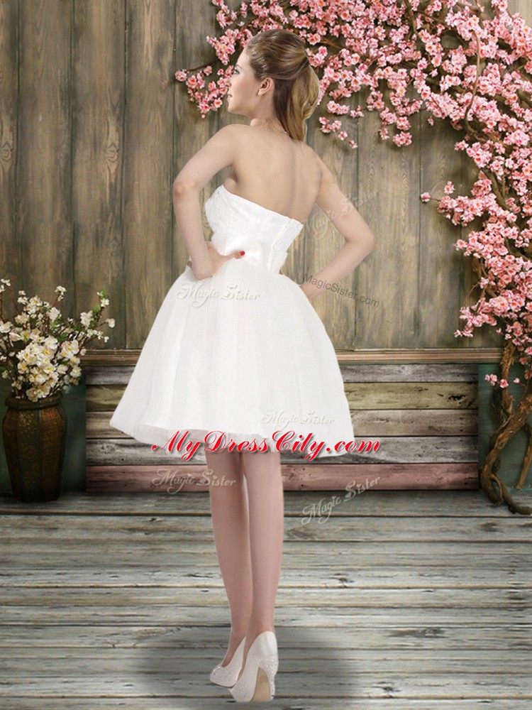 Glorious White Sleeveless Knee Length Sashes ribbons Backless Wedding Dress