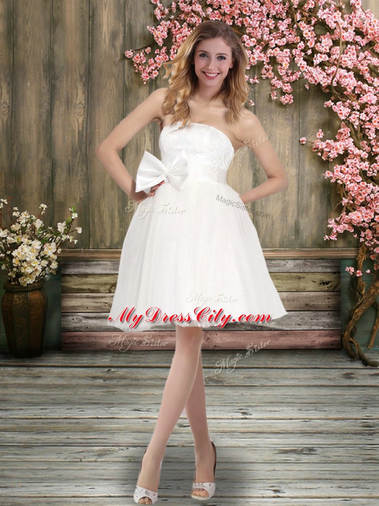 Glorious White Sleeveless Knee Length Sashes ribbons Backless Wedding Dress