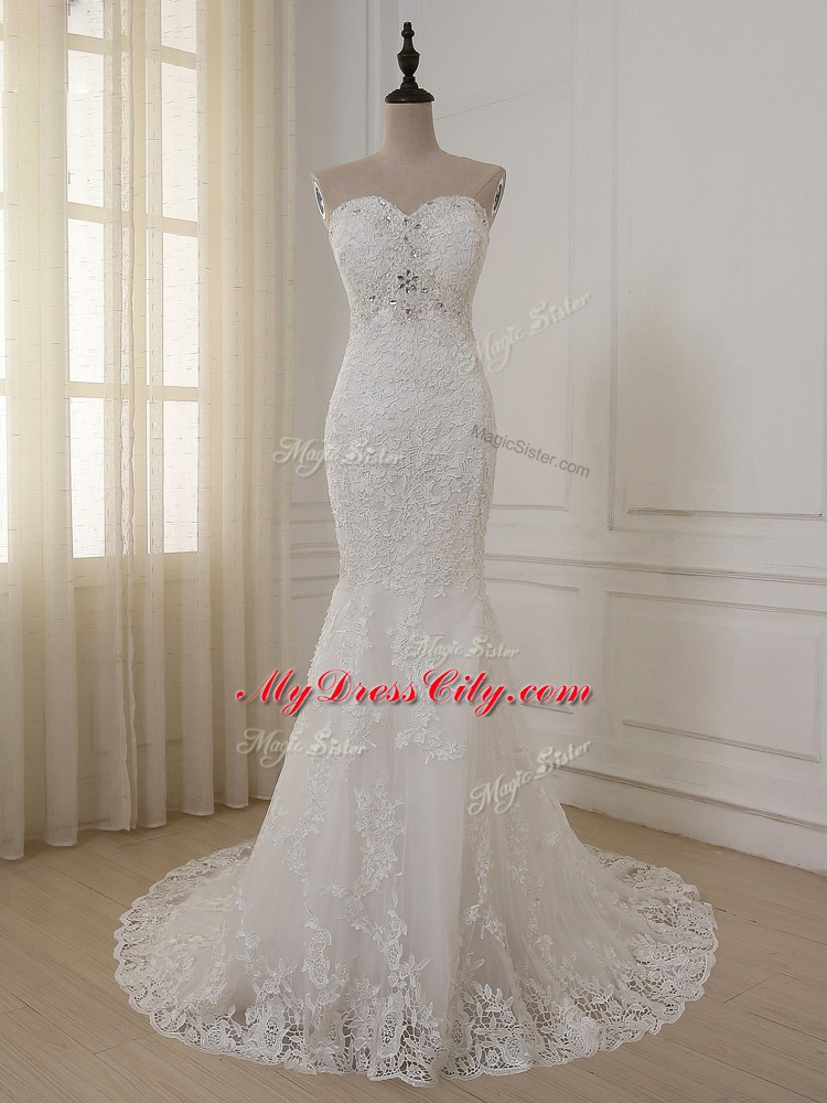 Sweetheart Sleeveless Wedding Dress Brush Train Lace and Appliques White Lace