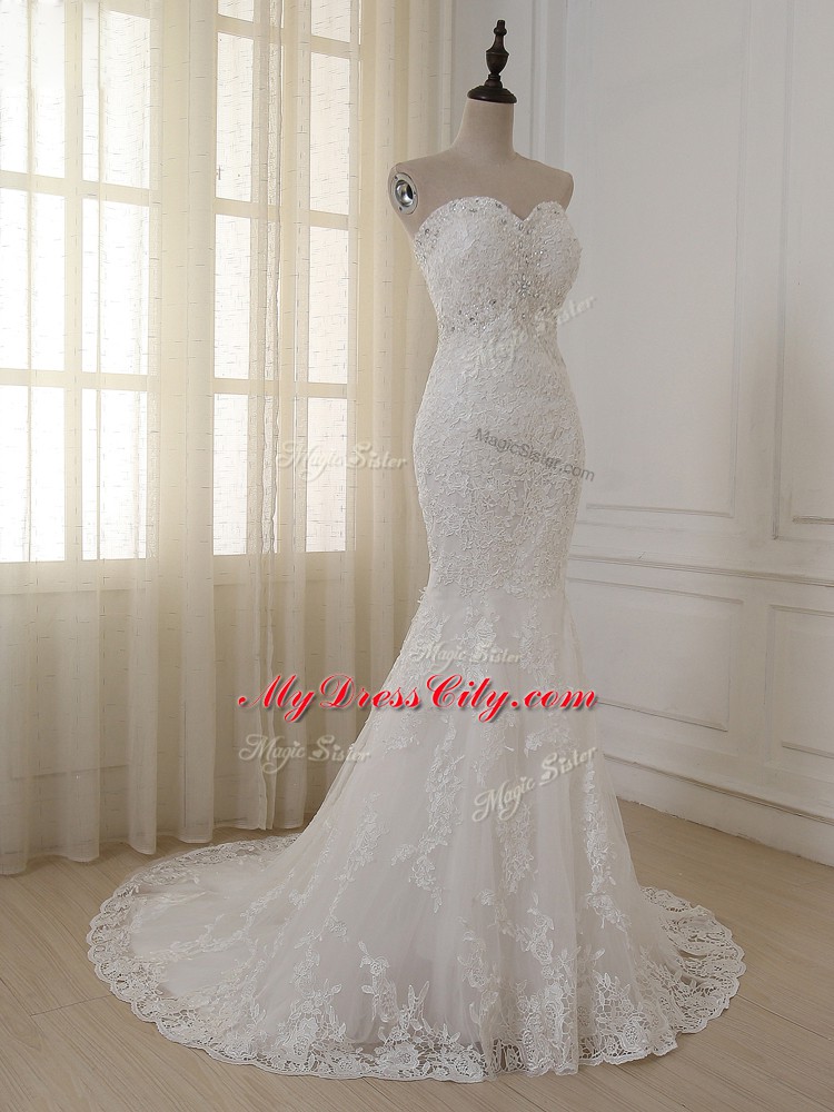 Sweetheart Sleeveless Wedding Dress Brush Train Lace and Appliques White Lace