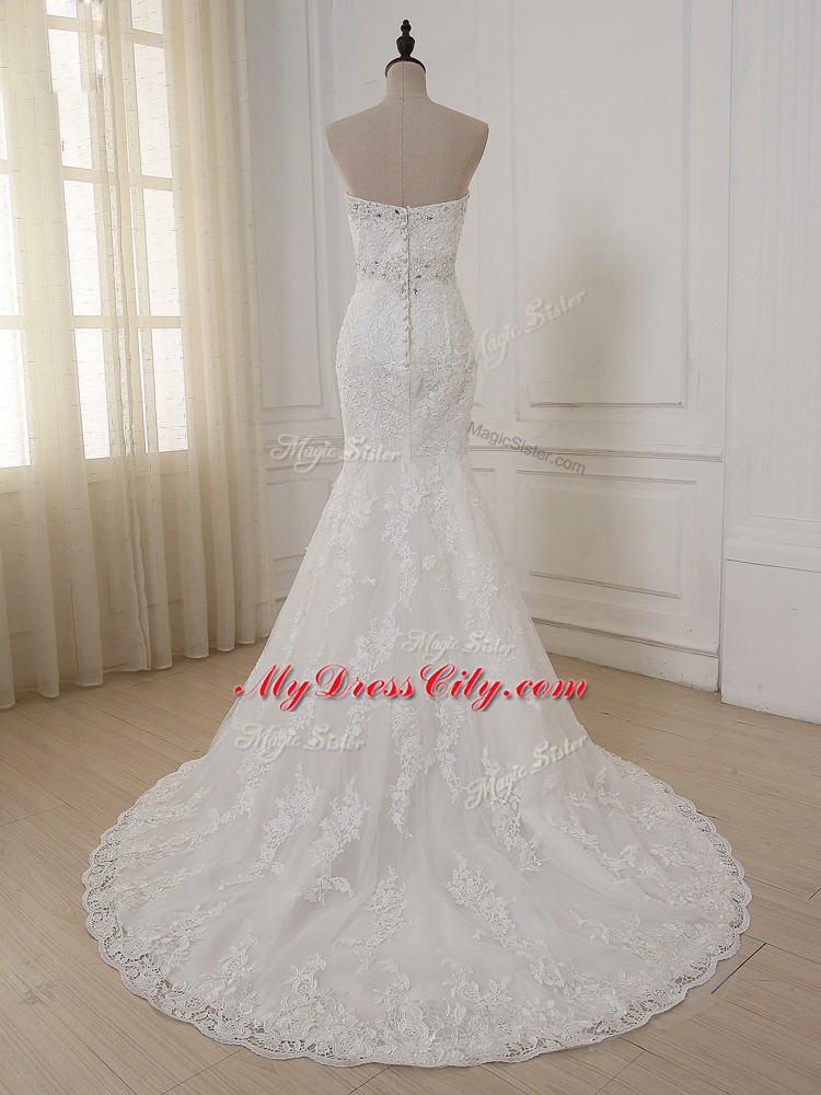 Sweetheart Sleeveless Wedding Dress Brush Train Lace and Appliques White Lace