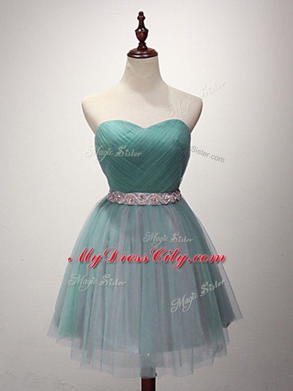 Green A-line Tulle Sweetheart Sleeveless Beading and Ruching Mini Length Lace Up Bridesmaids Dress