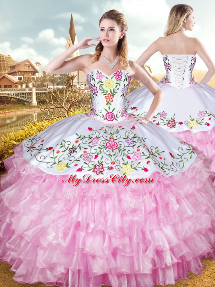 Wonderful Rose Pink Sleeveless Floor Length Embroidery and Ruffled Layers Lace Up Sweet 16 Quinceanera Dress