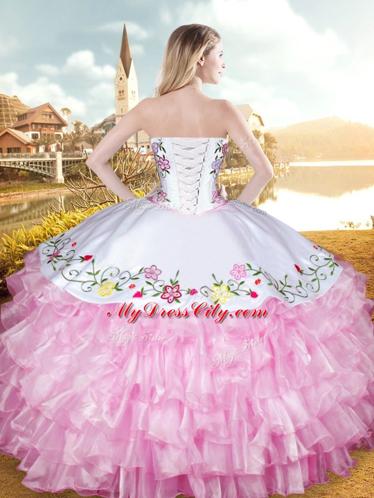 Wonderful Rose Pink Sleeveless Floor Length Embroidery and Ruffled Layers Lace Up Sweet 16 Quinceanera Dress