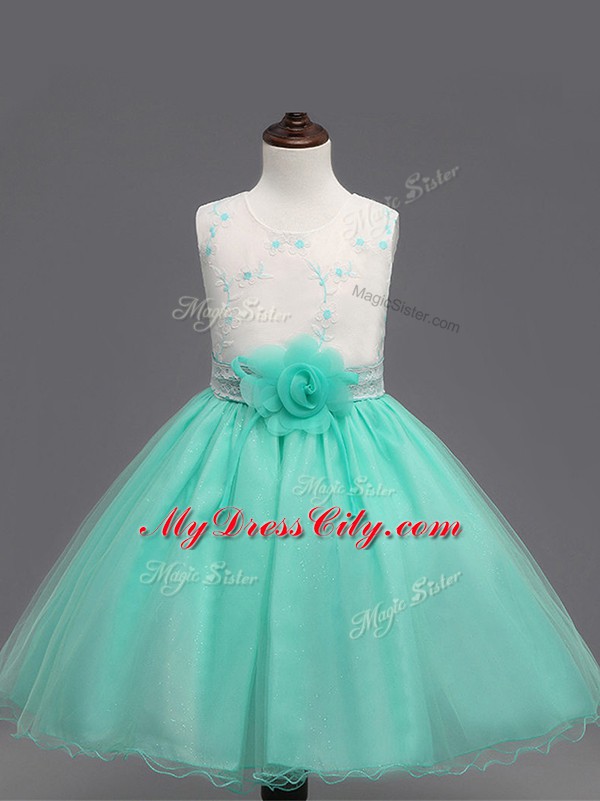 Fantastic Sleeveless Organza Knee Length Zipper Toddler Flower Girl Dress in Apple Green with Appliques and Hand Made Flower