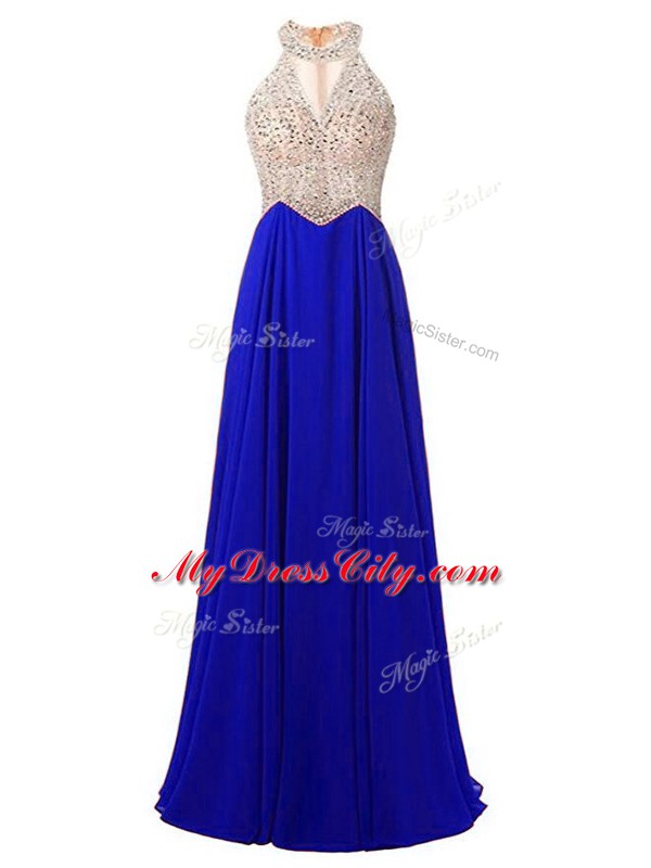 Gorgeous Sleeveless Chiffon Floor Length Zipper Party Dress for Toddlers in Royal Blue with Beading