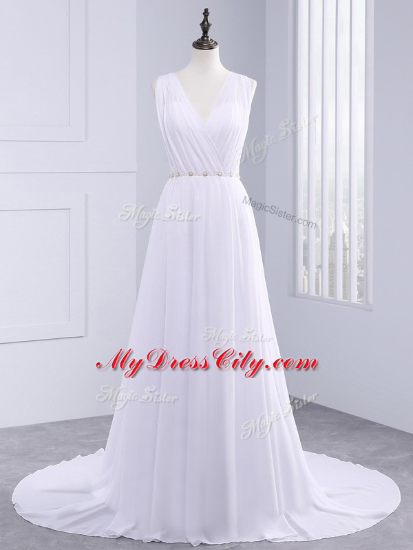 Chiffon V-neck Sleeveless Brush Train Backless Belt Wedding Dress in White