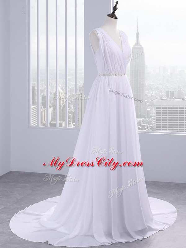 Chiffon V-neck Sleeveless Brush Train Backless Belt Wedding Dress in White