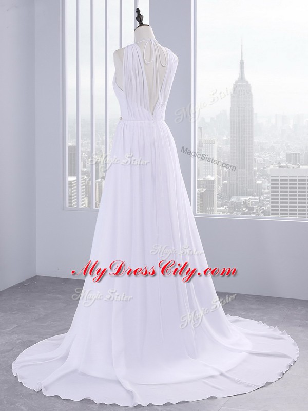 Chiffon V-neck Sleeveless Brush Train Backless Belt Wedding Dress in White