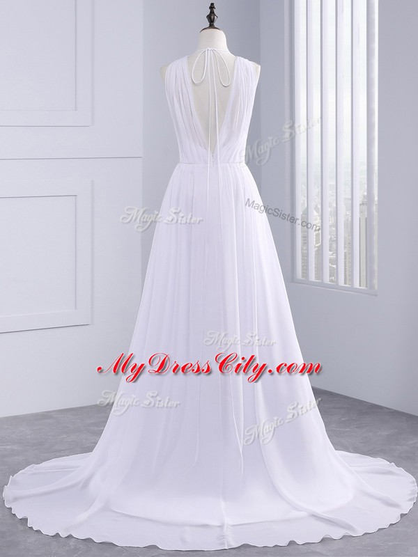 Chiffon V-neck Sleeveless Brush Train Backless Belt Wedding Dress in White