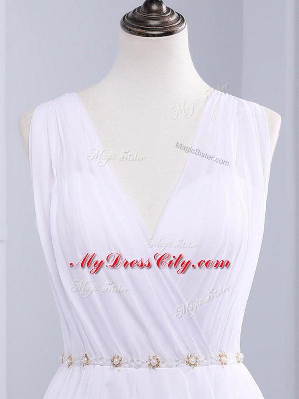 Chiffon V-neck Sleeveless Brush Train Backless Belt Wedding Dress in White