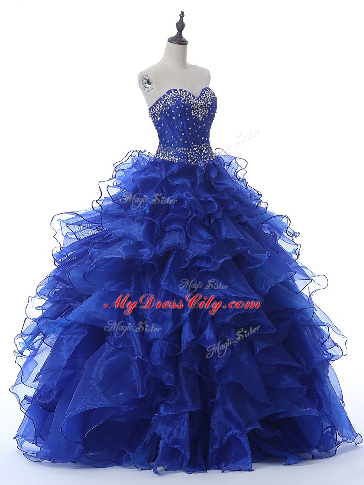 Eye-catching Royal Blue 15 Quinceanera Dress Military Ball and Sweet 16 and Quinceanera with Beading and Ruffles Sweetheart Sleeveless Lace Up