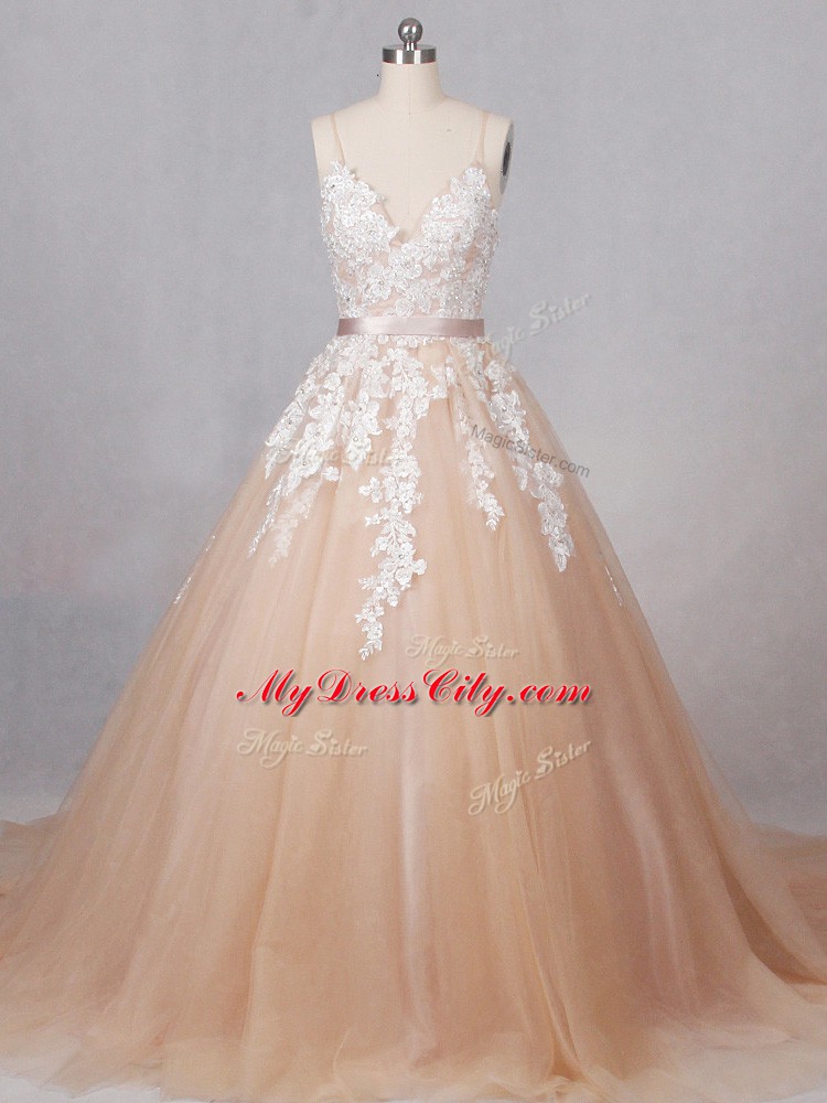 Tulle Spaghetti Straps Sleeveless Brush Train Zipper Appliques Wedding Gown in Champagne