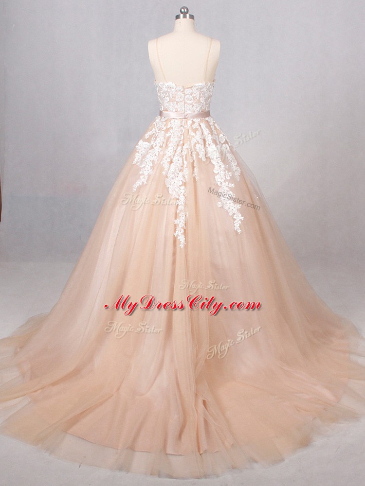 Tulle Spaghetti Straps Sleeveless Brush Train Zipper Appliques Wedding Gown in Champagne