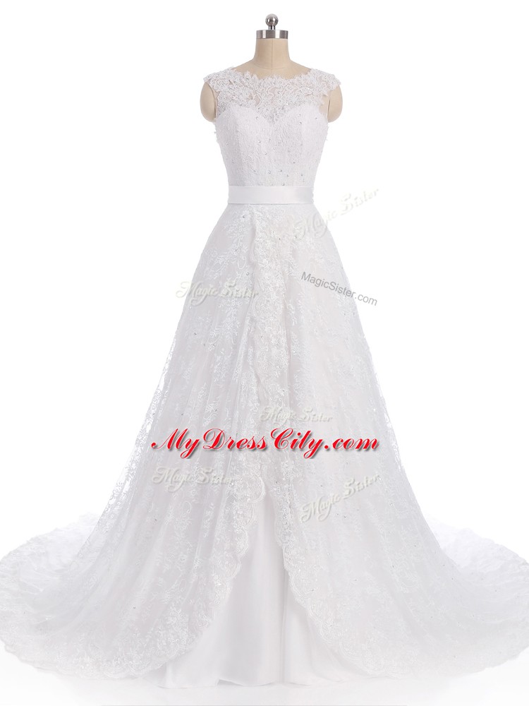 Modern White Scalloped Neckline Lace Bridal Gown Sleeveless Clasp Handle