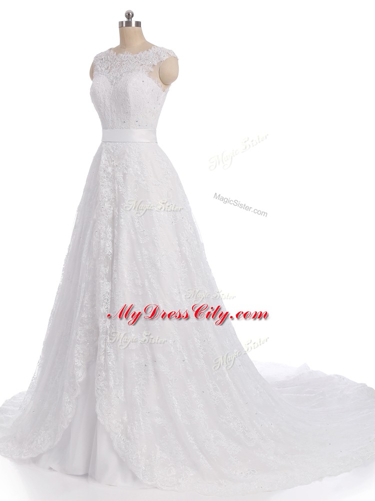 Modern White Scalloped Neckline Lace Bridal Gown Sleeveless Clasp Handle