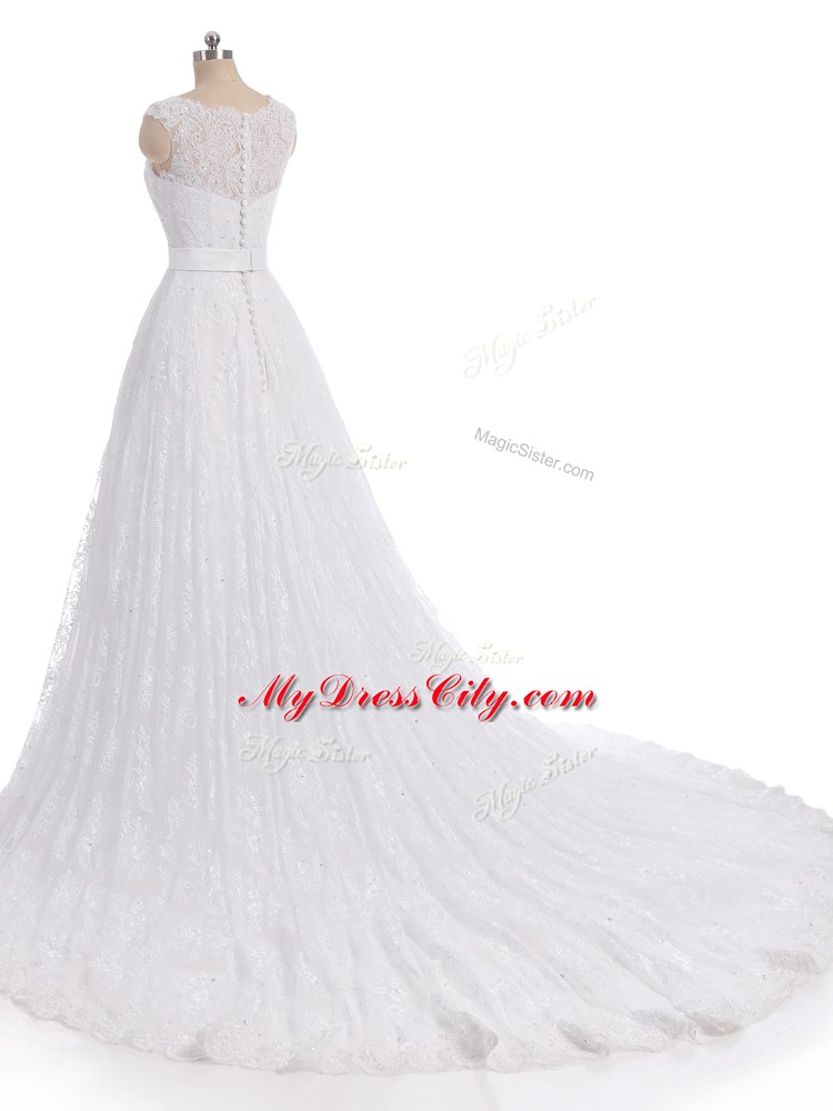 Modern White Scalloped Neckline Lace Bridal Gown Sleeveless Clasp Handle