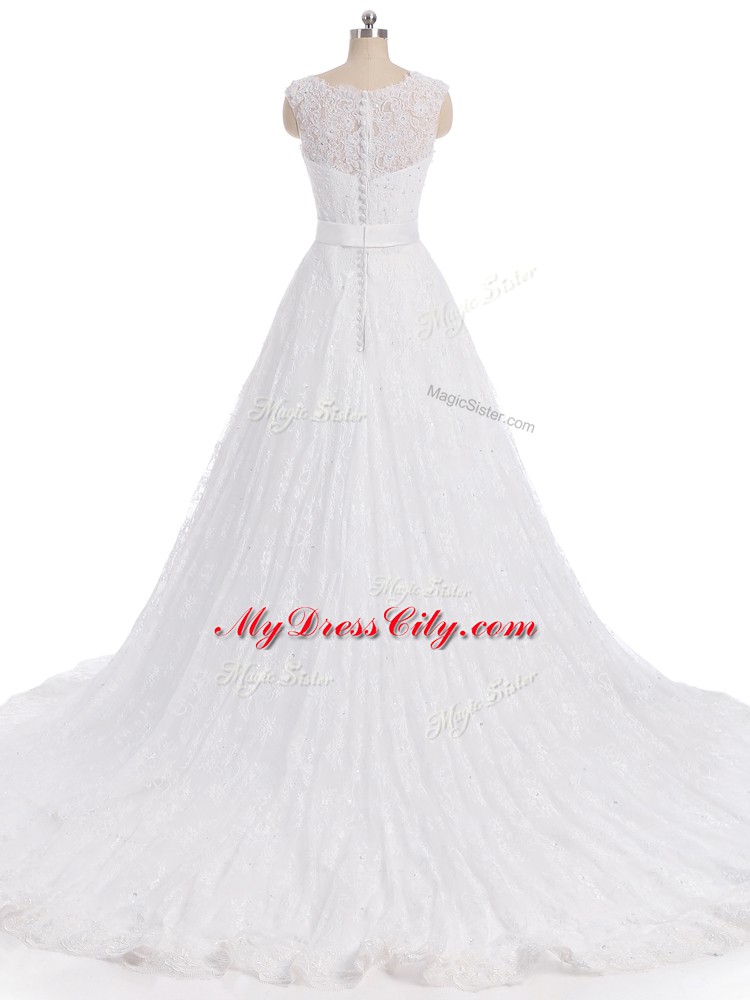 Modern White Scalloped Neckline Lace Bridal Gown Sleeveless Clasp Handle