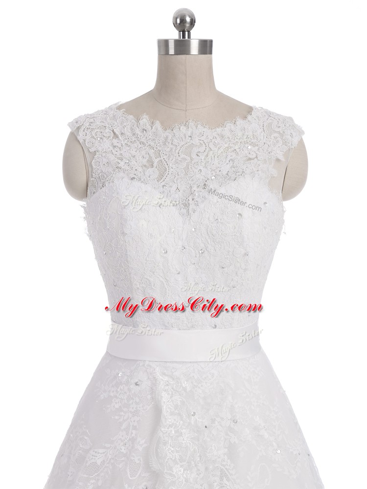 Modern White Scalloped Neckline Lace Bridal Gown Sleeveless Clasp Handle